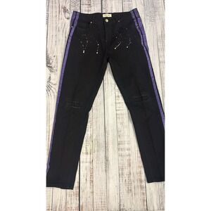 Blind Trust Mens Black Skinny Jeans Purple Side Stripe Paint Splatter Distressed
